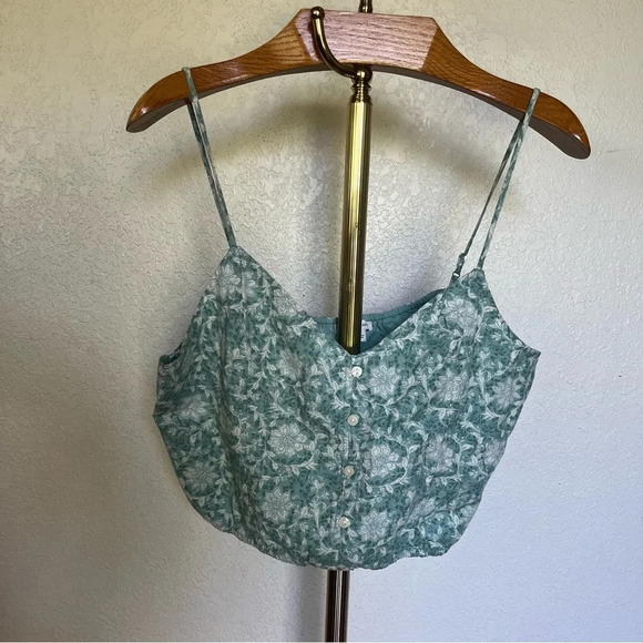AMERICAN EAGLE ~ Bohemian Cotton Linen Floral Button Down Cropped Tank - Picture 2 of 8